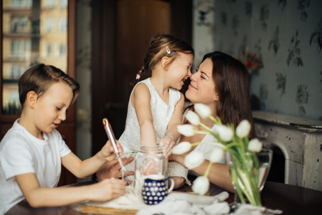 mother and children in kitchen