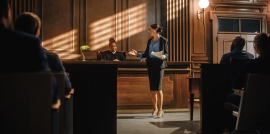 Female attorney making arguments in a courtroom